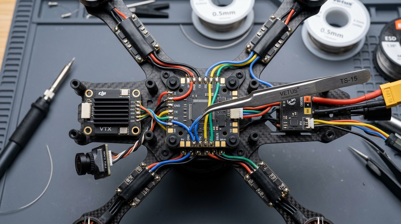 Bench wiring macro of flight controller to DJI O4 Lite digital VTX with silicone wires