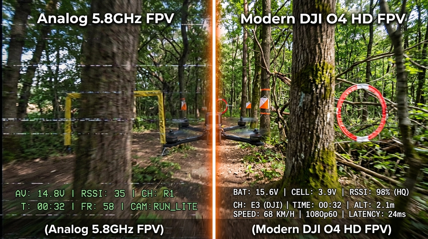 Side by side comparison of Analog 5.8GHz fuzz vs DJI O4 1080p digital FPV feed