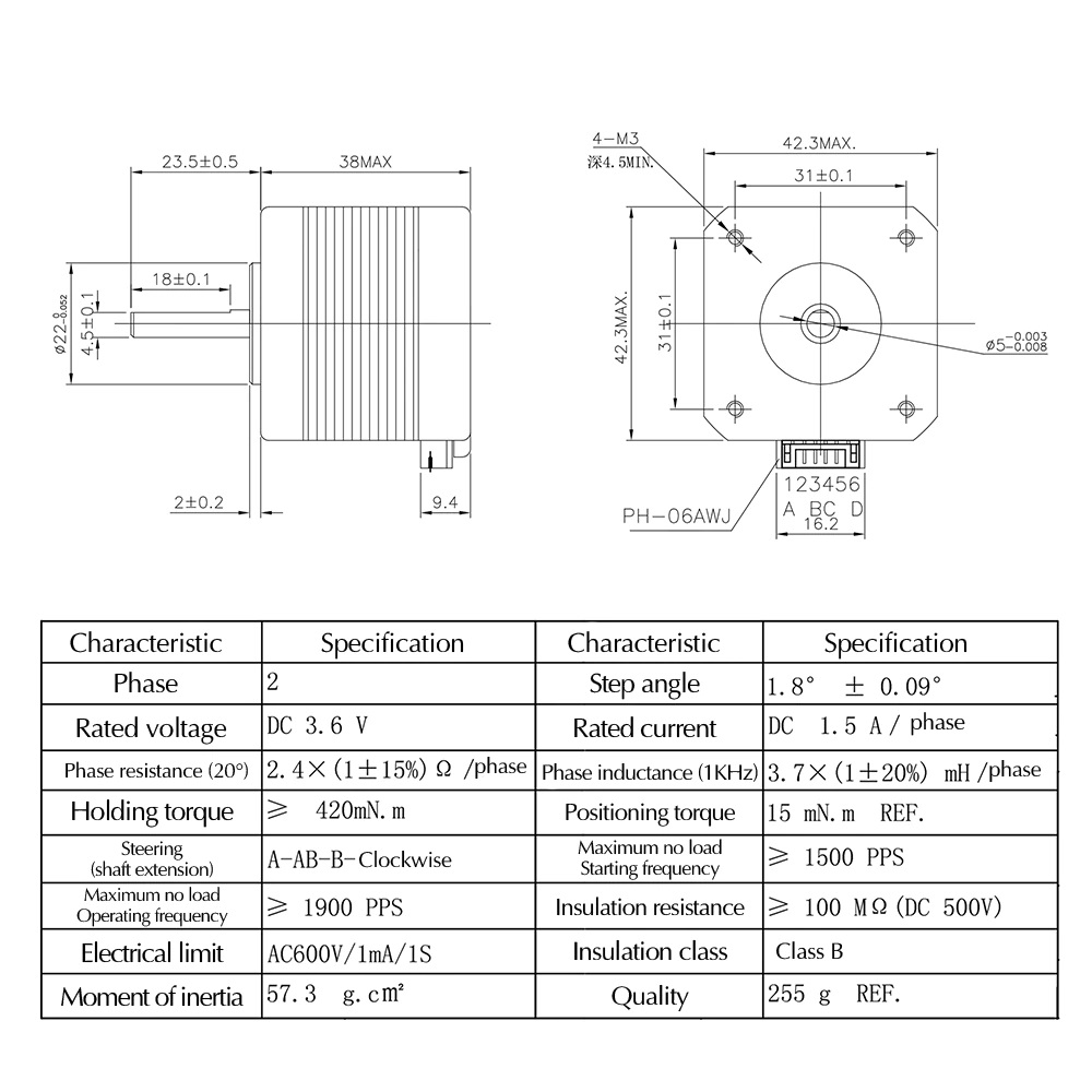 17HS4401S NEMA 17 Stepper Motor Black Hybrid 4.2KGCM 1.5A with 1M Long Cable - Package & Accessories