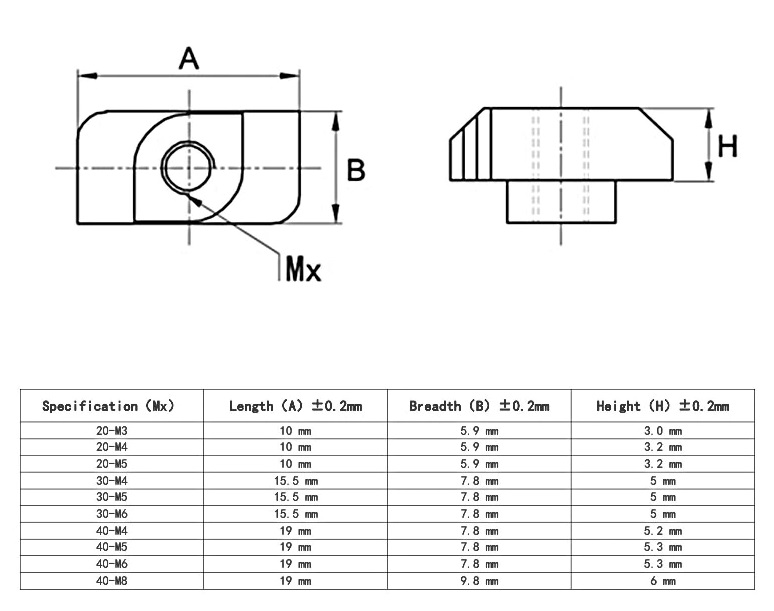 10Pcs M3 T-Nut Slide In Hammer Type for 20 Series - Angle & Perspective