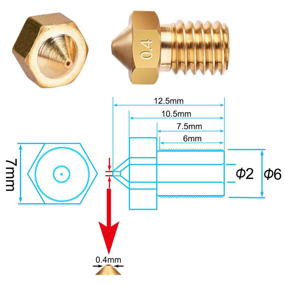 3D Printer Brass Nozzle for E3D Extruder M6 thread 1.75mm Diameter - Dimensions & Specs