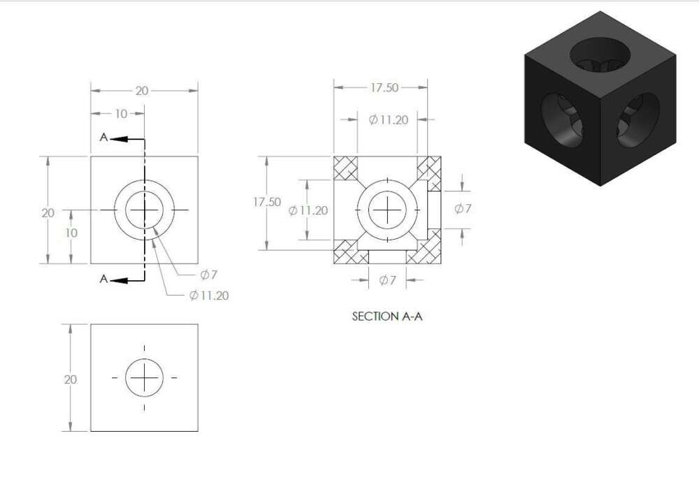 Three Way Cube Corner Connector for 20mm Profile Aluminium - Angle & Perspective