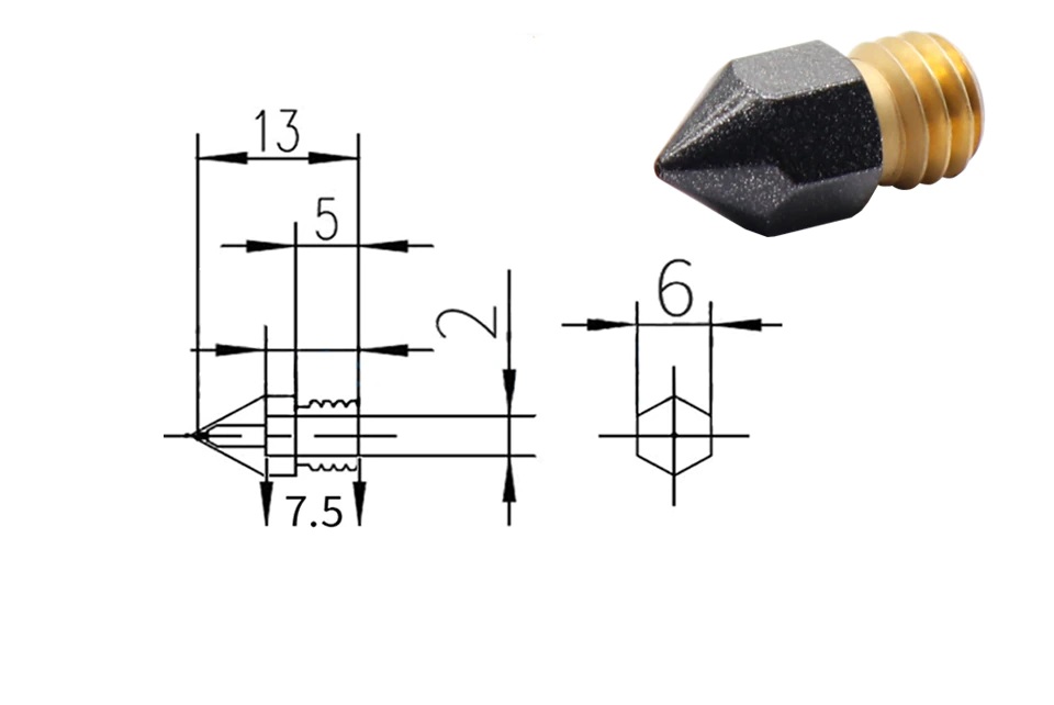 Teflon Coated Nozzle 0.4mm for 3D Printer MK8 Hotend CR8/10 - Angle & Perspective