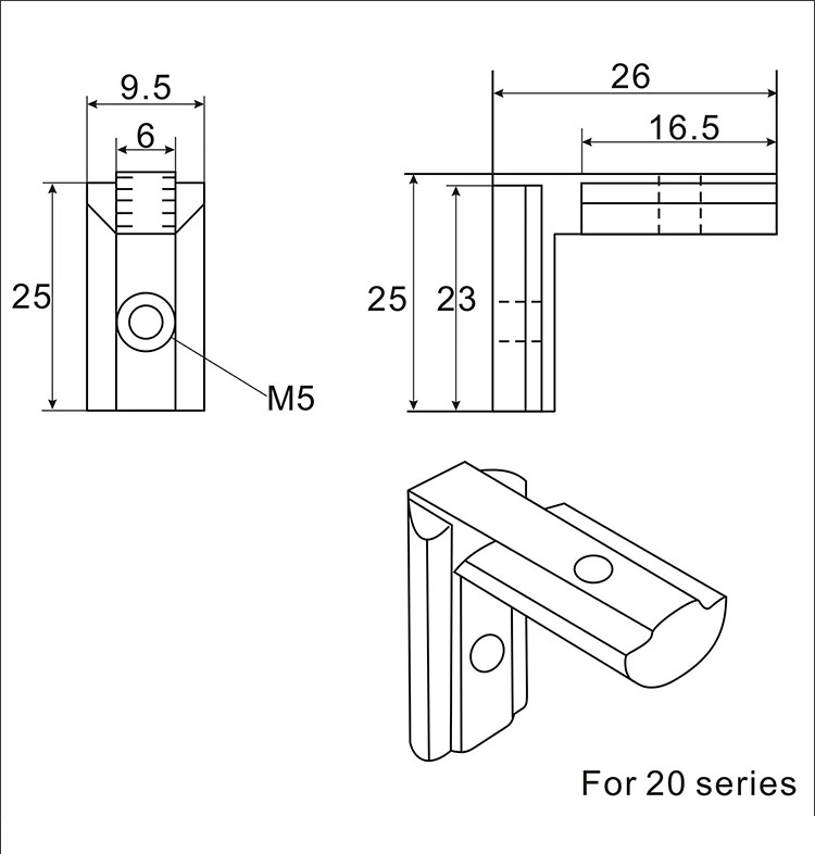 Inside Hidden Corner Joint Black for 2020 Aluminium Extrusions V - Angle & Perspective