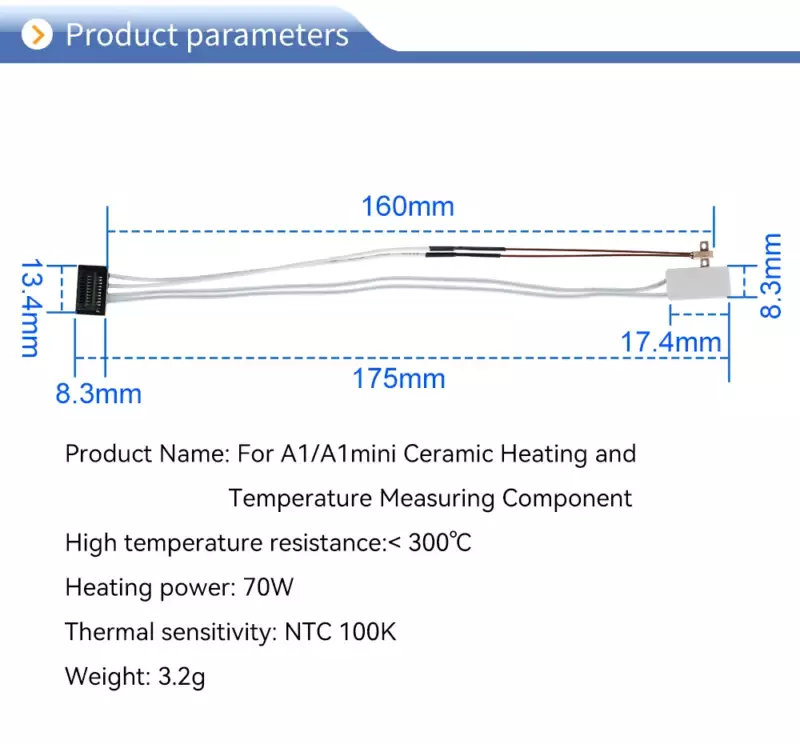 Ceramic Heater and Thermistor for Bambu Lab A1/A1 Mini - Back / Bottom View